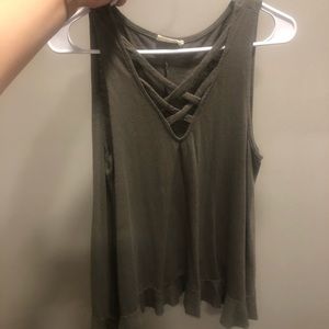Olive green tank with cross cross neck line